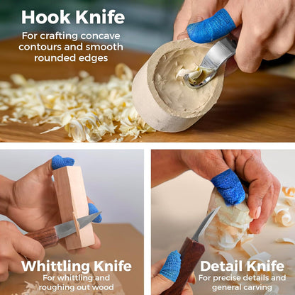 3-pc Beginner Wood Carving Kit for Whittling and Spoon Carving | All in one craft kit with roughout, hook & detail whittling knife, basswood blanks, strop, fun project tutorials included.
