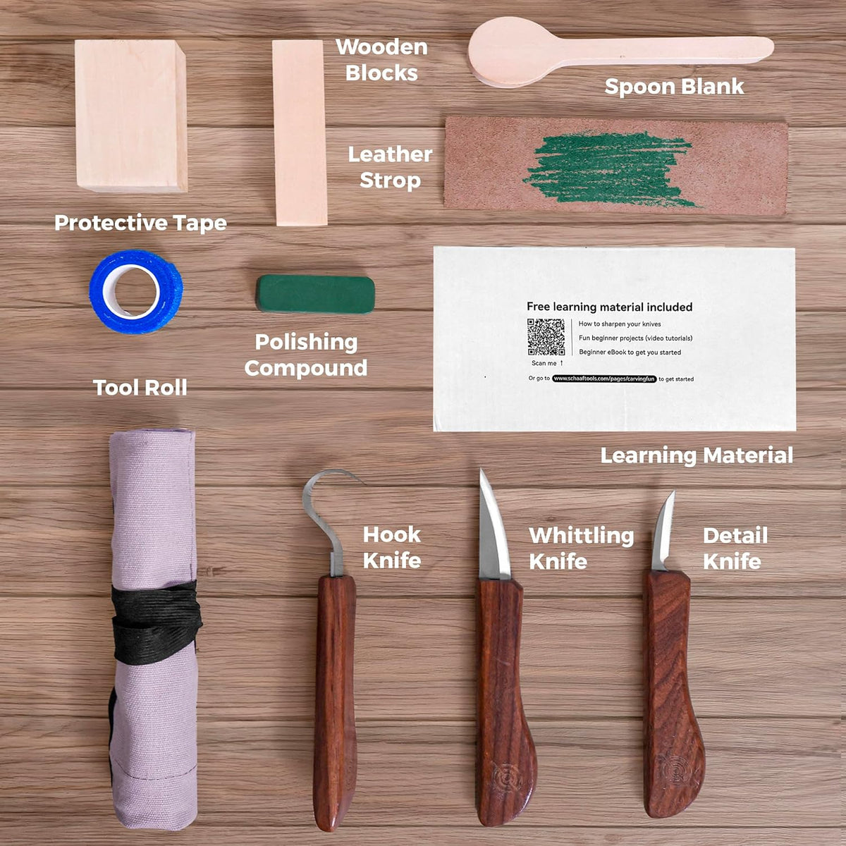 3-pc Beginner Wood Carving Kit for Whittling and Spoon Carving | All in one craft kit with roughout, hook & detail whittling knife, basswood blanks, strop, fun project tutorials included.