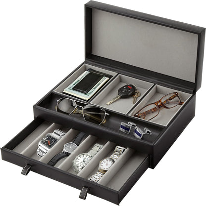 Mens Valet Tray, Men's Jewelry Box, Night Stand Organizers and Storage, Bedside Table Organizer, Watch Box for Dresser, Faux Leather (Black & Gray)