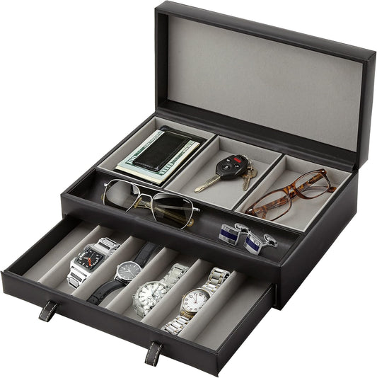 Mens Valet Tray, Men's Jewelry Box, Night Stand Organizers and Storage, Bedside Table Organizer, Watch Box for Dresser, Faux Leather (Black & Gray)
