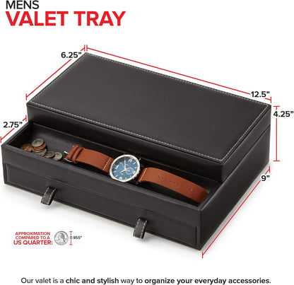 Mens Valet Tray, Men's Jewelry Box, Night Stand Organizers and Storage, Bedside Table Organizer, Watch Box for Dresser, Faux Leather (Black & Gray)