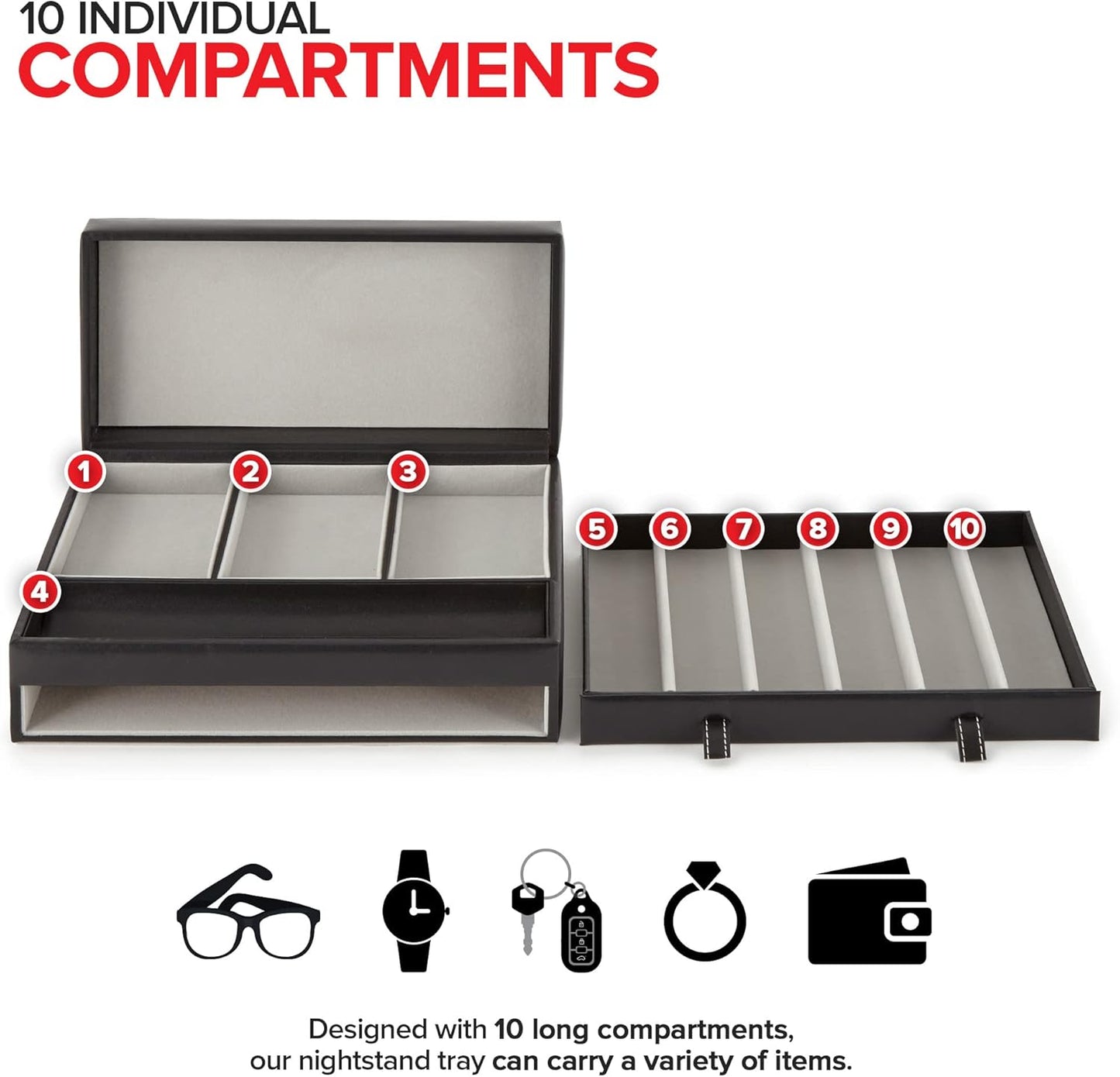 Mens Valet Tray, Men's Jewelry Box, Night Stand Organizers and Storage, Bedside Table Organizer, Watch Box for Dresser, Faux Leather (Black & Gray)