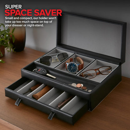 Mens Valet Tray, Men's Jewelry Box, Night Stand Organizers and Storage, Bedside Table Organizer, Watch Box for Dresser, Faux Leather (Black & Gray)