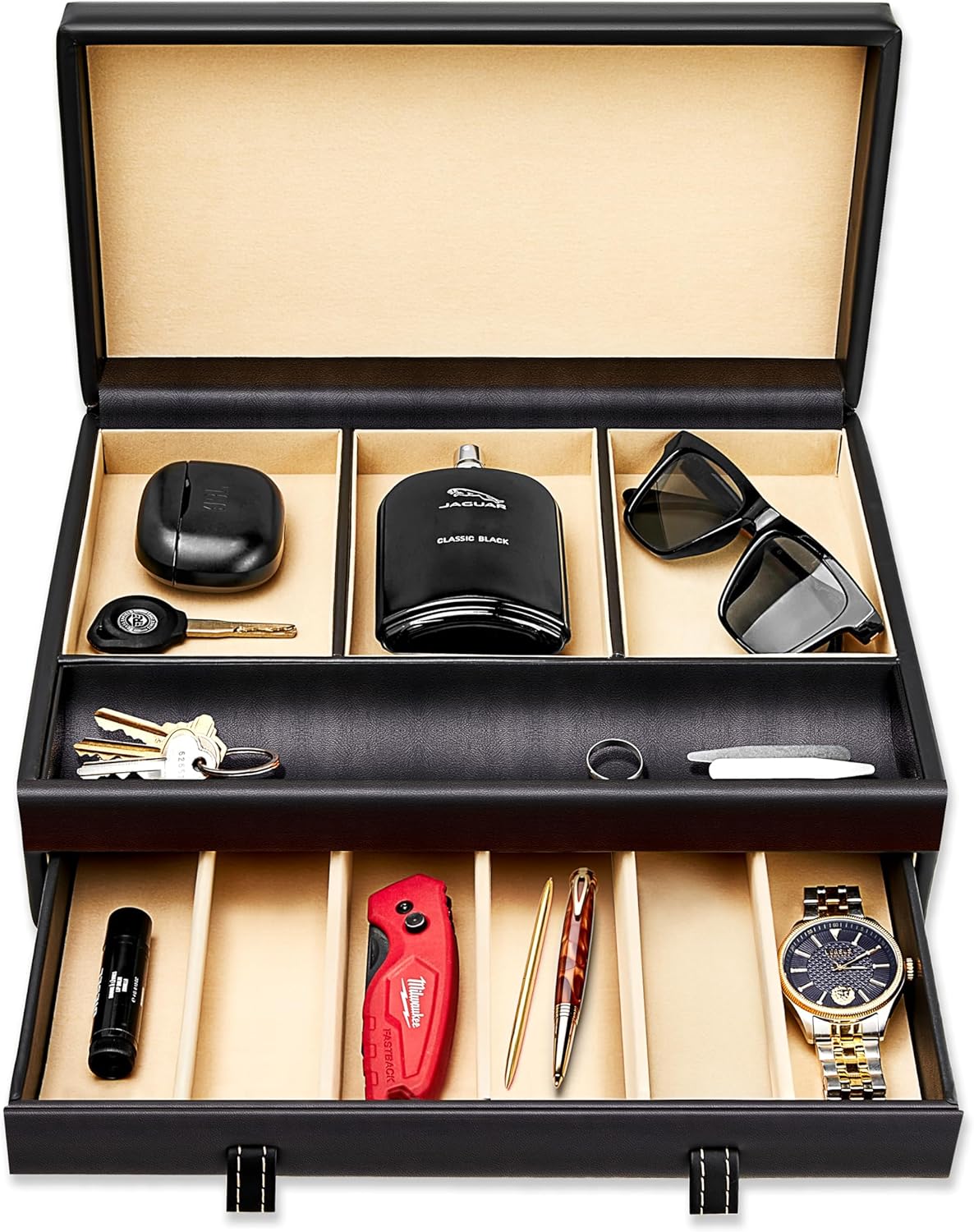 Mens Valet Tray, Men's Jewelry Box, Night Stand Organizers and Storage, Bedside Table Organizer, Watch Box for Dresser, Faux Leather (Black & Gray)