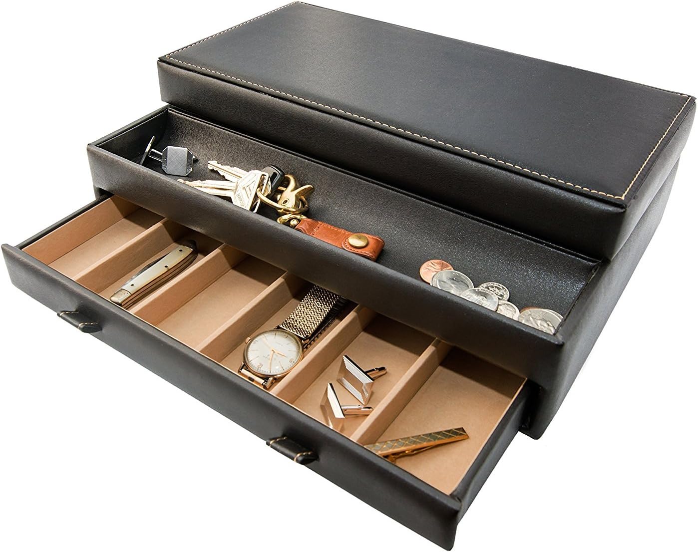 Mens Valet Tray, Men's Jewelry Box, Night Stand Organizers and Storage, Bedside Table Organizer, Watch Box for Dresser, Faux Leather (Black & Gray)
