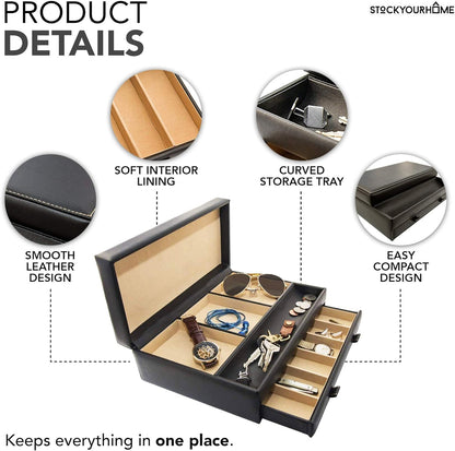 Mens Valet Tray, Men's Jewelry Box, Night Stand Organizers and Storage, Bedside Table Organizer, Watch Box for Dresser, Faux Leather (Black & Gray)