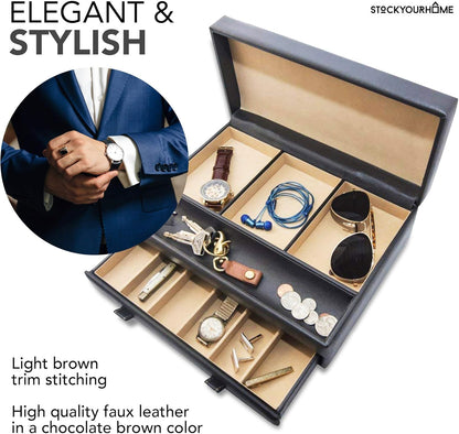 Mens Valet Tray, Men's Jewelry Box, Night Stand Organizers and Storage, Bedside Table Organizer, Watch Box for Dresser, Faux Leather (Black & Gray)