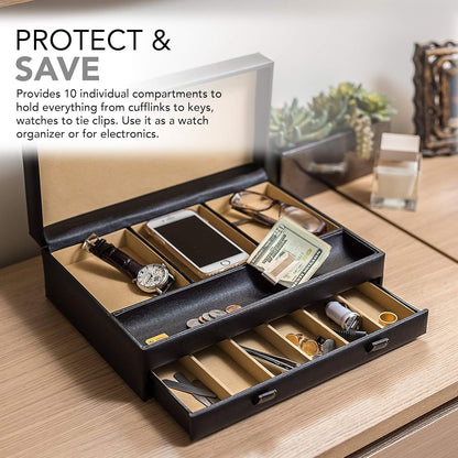 Mens Valet Tray, Men's Jewelry Box, Night Stand Organizers and Storage, Bedside Table Organizer, Watch Box for Dresser, Faux Leather (Black & Gray)