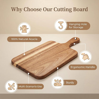 Acacia Wood Cutting Board with Handle 13.7''X7'', Charcuterie Board, Serving Board for Cheese, Bread, Meat, Vegetables & Fruits, Natural Wooden Chopping Board for Kitchen