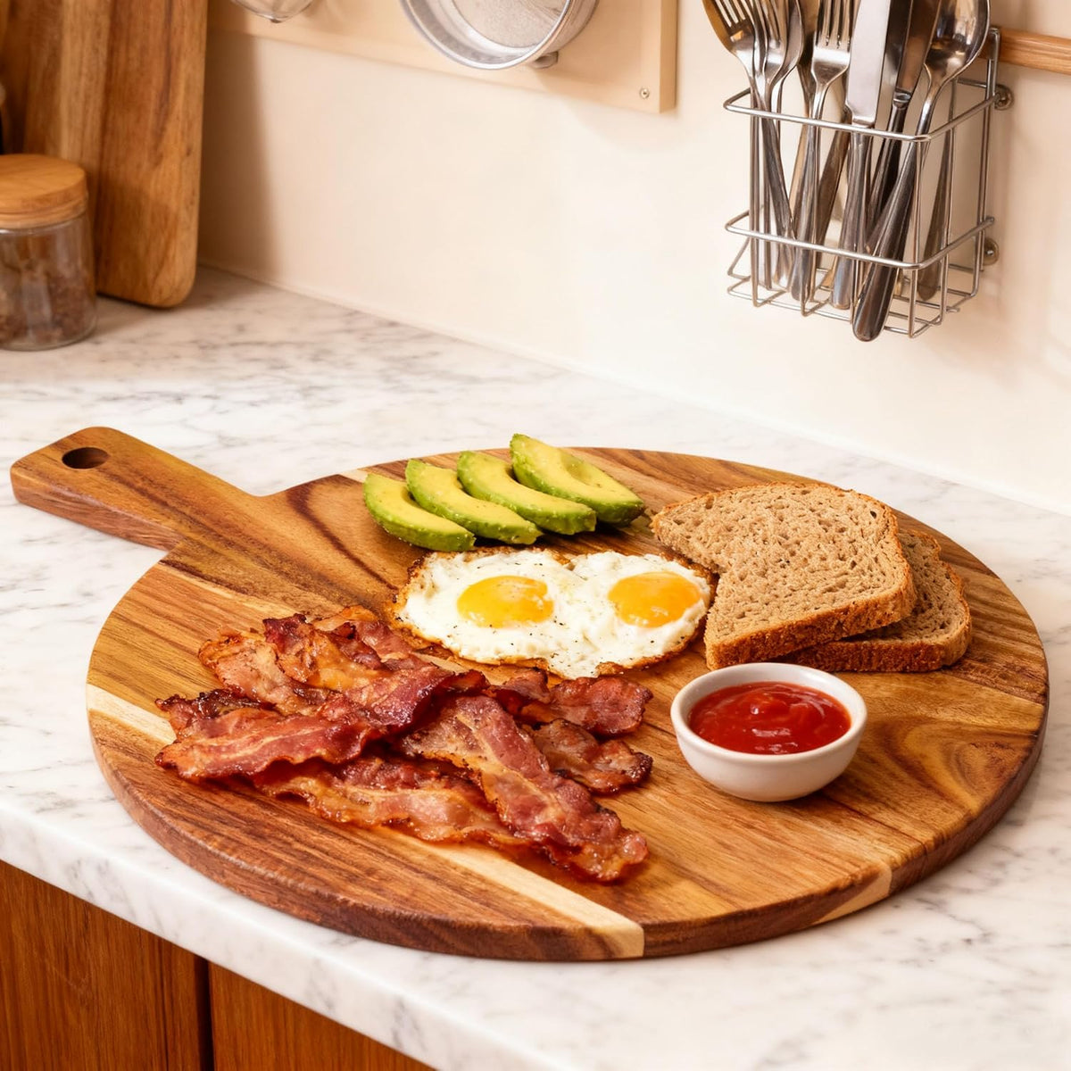 Acacia Wood Cutting Board with Handle 13.7''X7'', Charcuterie Board, Serving Board for Cheese, Bread, Meat, Vegetables & Fruits, Natural Wooden Chopping Board for Kitchen