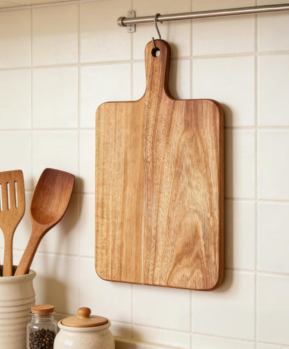 Acacia Wood Cutting Board with Handle 13.7''X7'', Charcuterie Board, Serving Board for Cheese, Bread, Meat, Vegetables & Fruits, Natural Wooden Chopping Board for Kitchen