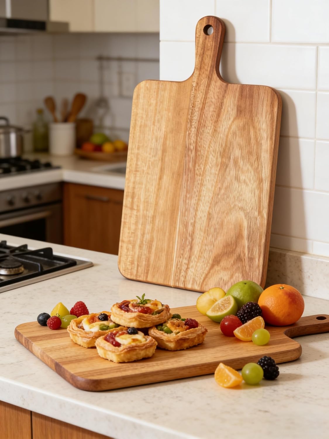 Acacia Wood Cutting Board with Handle 13.7''X7'', Charcuterie Board, Serving Board for Cheese, Bread, Meat, Vegetables & Fruits, Natural Wooden Chopping Board for Kitchen