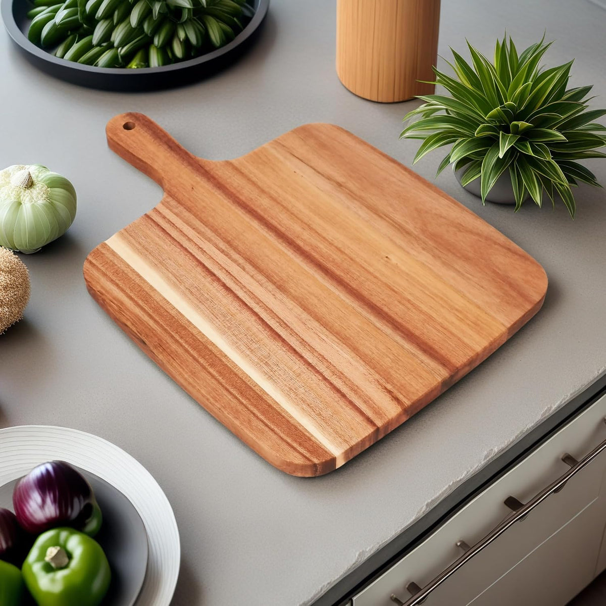 Acacia Wood Cutting Board with Handle 13.7''X7'', Charcuterie Board, Serving Board for Cheese, Bread, Meat, Vegetables & Fruits, Natural Wooden Chopping Board for Kitchen