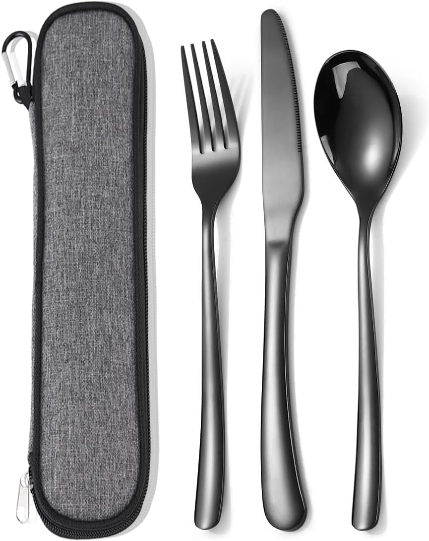 Travel Stainless Steel Cutlery Set for 1, Reusable Flatware Set with Case,Camping Silverware Set for Work, Knife Fork Spoon Utensil Set 3 Piece, Black