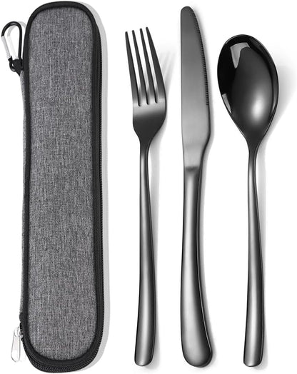 Travel Stainless Steel Cutlery Set for 1, Reusable Flatware Set with Case,Camping Silverware Set for Work, Knife Fork Spoon Utensil Set 3 Piece, Black