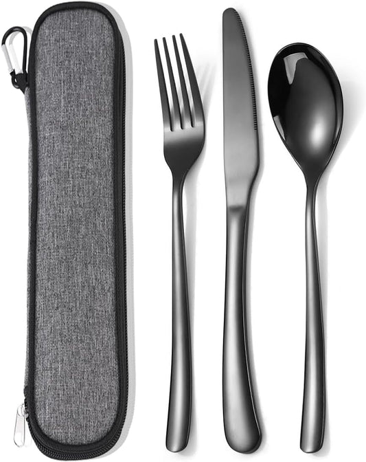 Travel Stainless Steel Cutlery Set for 1, Reusable Flatware Set with Case,Camping Silverware Set for Work, Knife Fork Spoon Utensil Set 3 Piece, Black