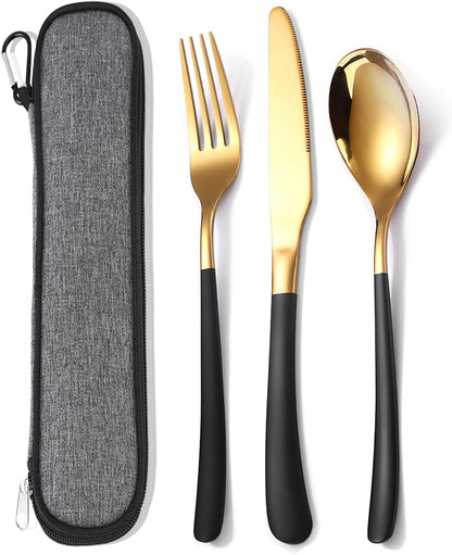Travel Stainless Steel Cutlery Set for 1, Reusable Flatware Set with Case,Camping Silverware Set for Work, Knife Fork Spoon Utensil Set 3 Piece, Black