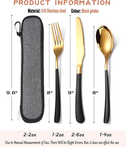Travel Stainless Steel Cutlery Set for 1, Reusable Flatware Set with Case,Camping Silverware Set for Work, Knife Fork Spoon Utensil Set 3 Piece, Black