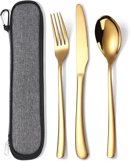 Travel Stainless Steel Cutlery Set for 1, Reusable Flatware Set with Case,Camping Silverware Set for Work, Knife Fork Spoon Utensil Set 3 Piece, Black