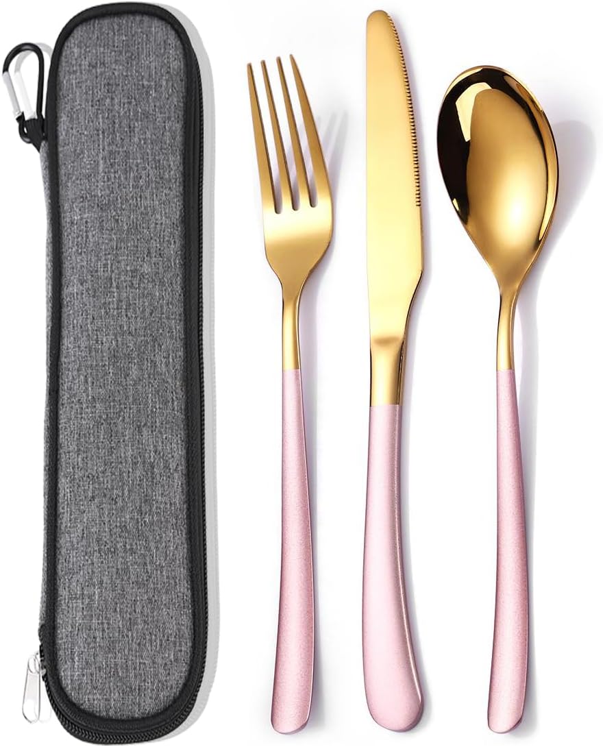 Travel Stainless Steel Cutlery Set for 1, Reusable Flatware Set with Case,Camping Silverware Set for Work, Knife Fork Spoon Utensil Set 3 Piece, Black