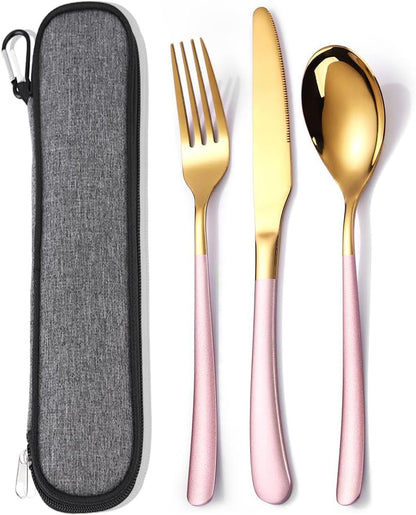 Travel Stainless Steel Cutlery Set for 1, Reusable Flatware Set with Case,Camping Silverware Set for Work, Knife Fork Spoon Utensil Set 3 Piece, Black