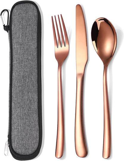 Travel Stainless Steel Cutlery Set for 1, Reusable Flatware Set with Case,Camping Silverware Set for Work, Knife Fork Spoon Utensil Set 3 Piece, Black