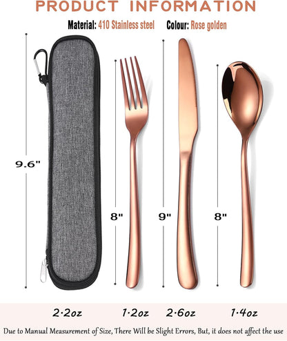 Travel Stainless Steel Cutlery Set for 1, Reusable Flatware Set with Case,Camping Silverware Set for Work, Knife Fork Spoon Utensil Set 3 Piece, Black