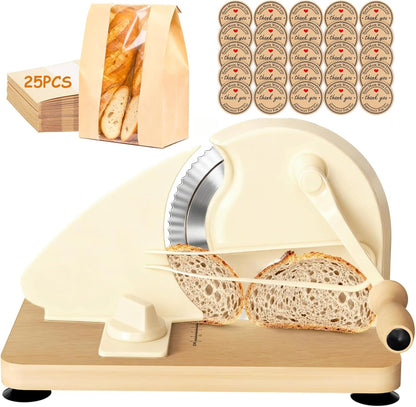 Manual Bread Slicer for Homemade Bread with 25pcs Paper Bread Bags | Hand Crank Sourdough Bread Slicer with Stainless Steel Blade, Adjustable Thickness, Suction Cup and Guide Rail, Beige