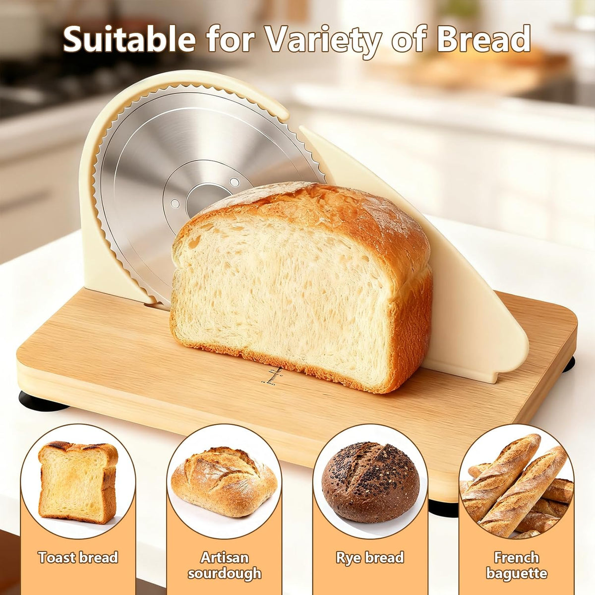 Manual Bread Slicer for Homemade Bread with 25pcs Paper Bread Bags | Hand Crank Sourdough Bread Slicer with Stainless Steel Blade, Adjustable Thickness, Suction Cup and Guide Rail, Beige