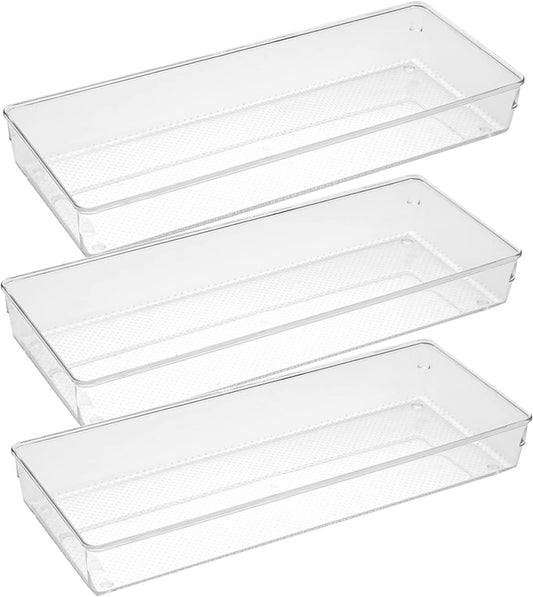 3 Pack Large Clear Plastic Drawer Organizer Tray Cutlery Utensil Makeups Drawer Organizers 15" X 6"