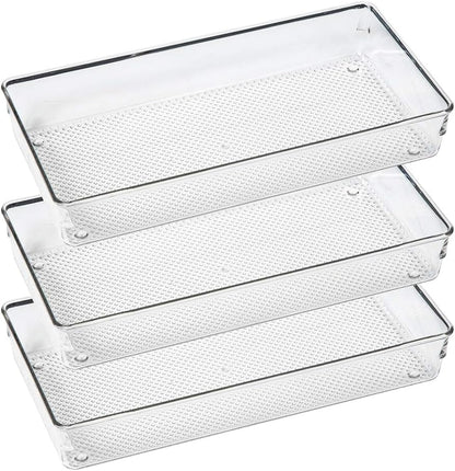 3 Pack Large Clear Plastic Drawer Organizer Tray Cutlery Utensil Makeups Drawer Organizers 15" X 6"