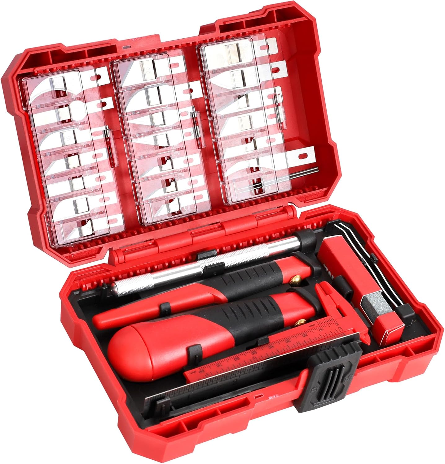 40-Piece Precision Hobby Knife Set, 3pcs Craft Knives with 33pcs Blades, Exacto Knife Set Included Tweezers, Grindstone, Steel Ruler, Vernier Caliper and Storage Case