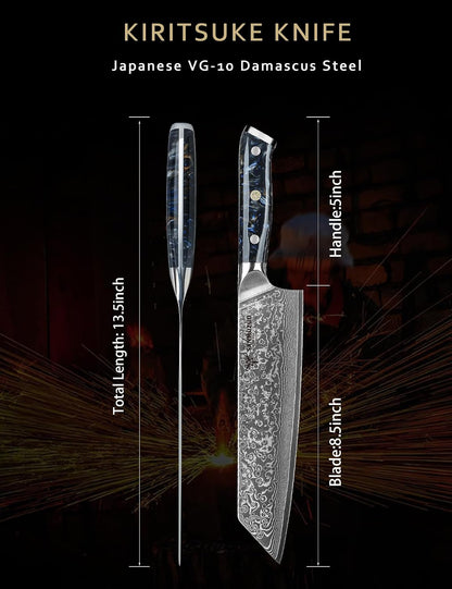 8.5 inch Kiritsuke Kitchen Chef Knife - 67 Layers Damascus Steel & Resin Handle - Xuan Series(Fantasy Orange)