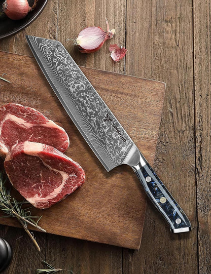 8.5 inch Kiritsuke Kitchen Chef Knife - 67 Layers Damascus Steel & Resin Handle - Xuan Series(Fantasy Orange)