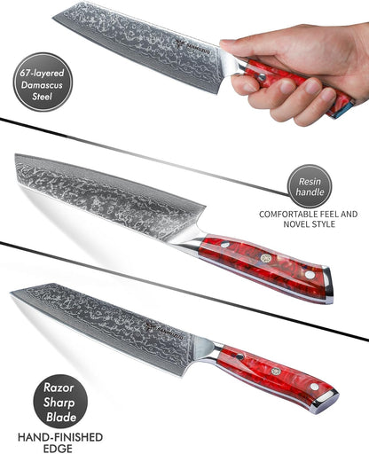 8.5 inch Kiritsuke Kitchen Chef Knife - 67 Layers Damascus Steel & Resin Handle - Xuan Series(Fantasy Orange)