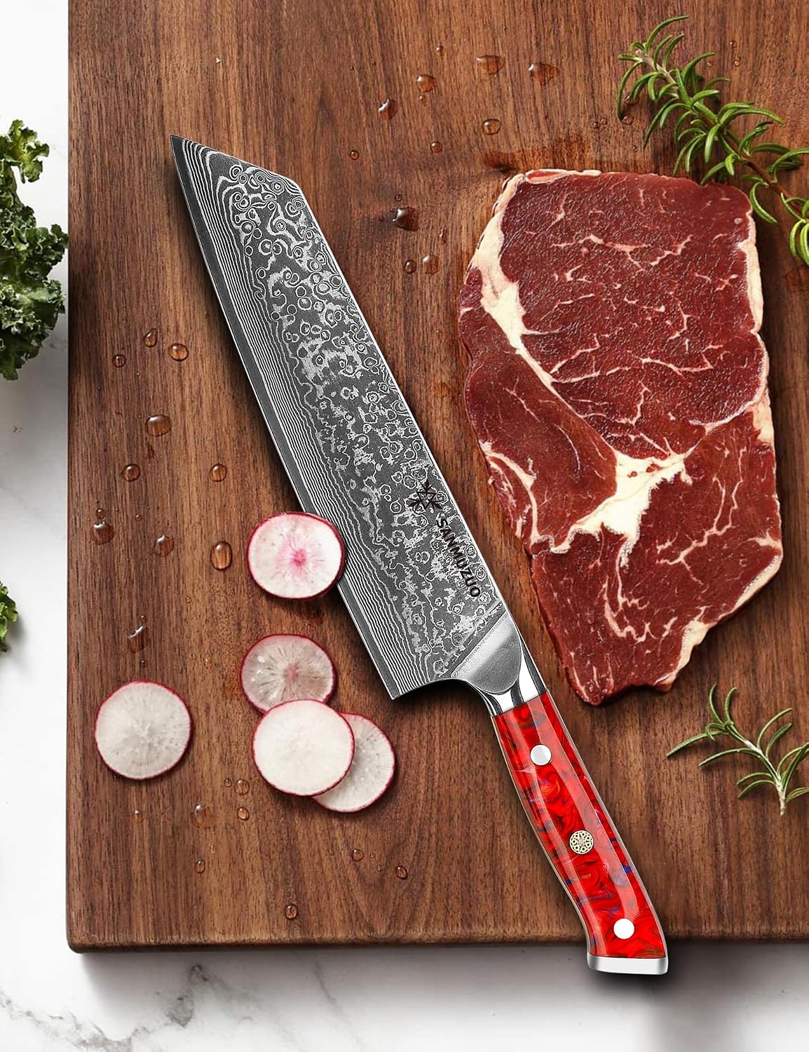 8.5 inch Kiritsuke Kitchen Chef Knife - 67 Layers Damascus Steel & Resin Handle - Xuan Series(Fantasy Orange)