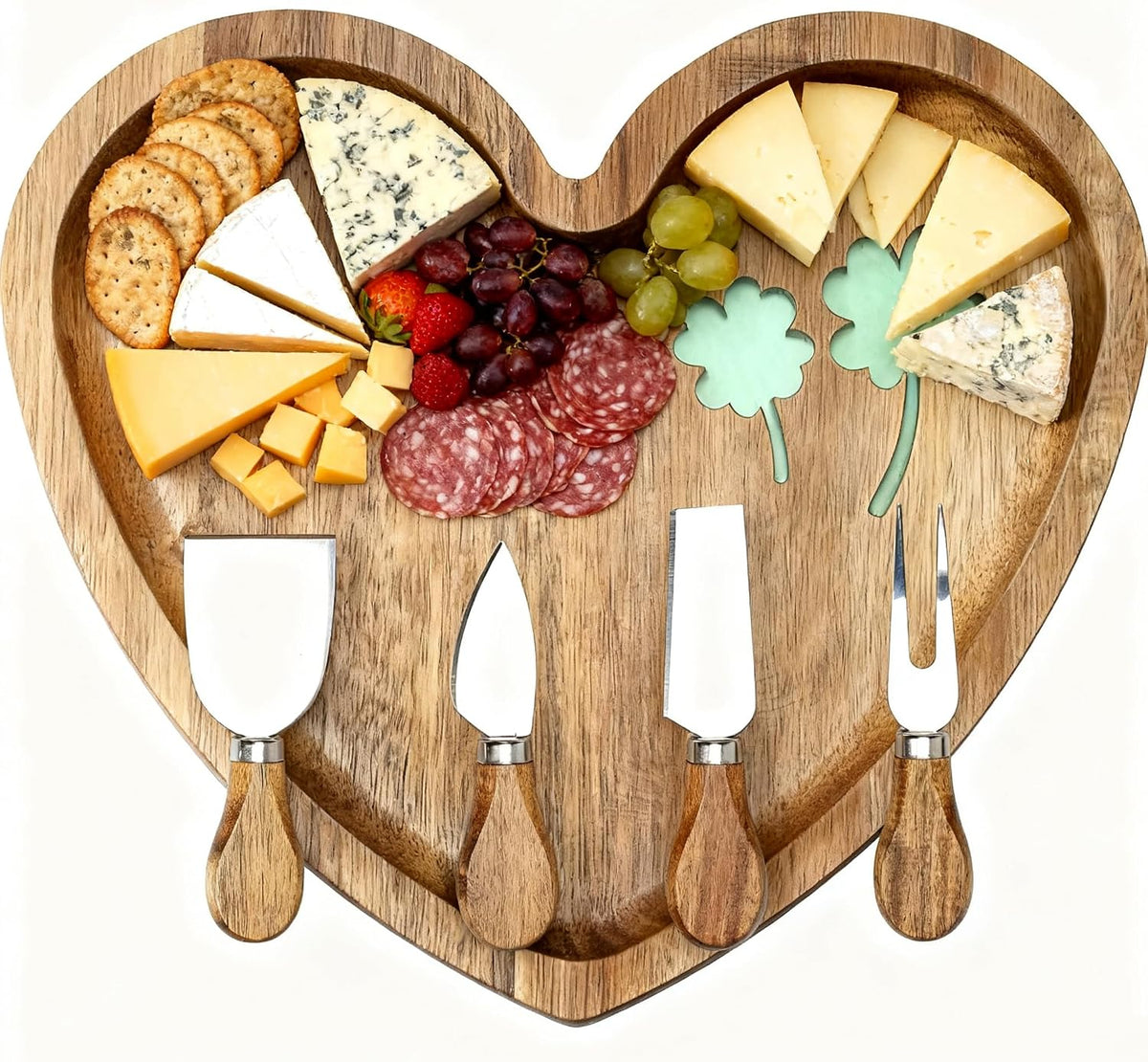 Heart Shaped Acacia Wood Cheese Board with 4 Piece Cheese Knife Set, St. Patrick's Day Green Clover Resin Inlay Appetizer Plates Charcuterie Serving Tray for Wine and Cheese Parties