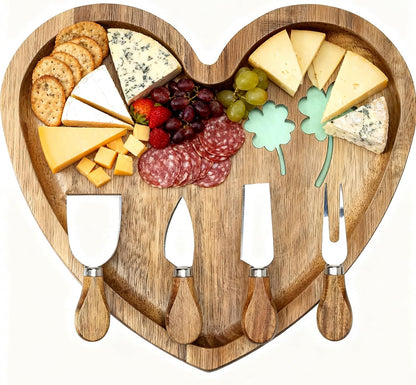 Heart Shaped Acacia Wood Cheese Board with 4 Piece Cheese Knife Set, St. Patrick's Day Green Clover Resin Inlay Appetizer Plates Charcuterie Serving Tray for Wine and Cheese Parties