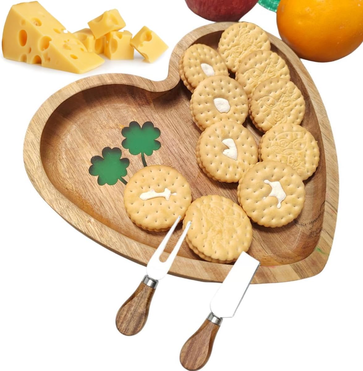 Heart Shaped Acacia Wood Cheese Board with 4 Piece Cheese Knife Set, St. Patrick's Day Green Clover Resin Inlay Appetizer Plates Charcuterie Serving Tray for Wine and Cheese Parties