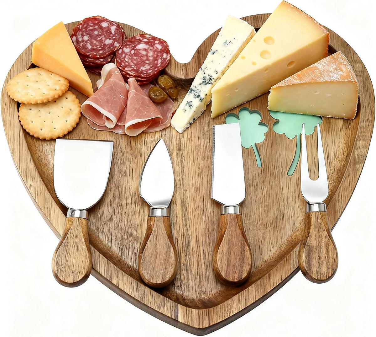 Heart Shaped Acacia Wood Cheese Board with 4 Piece Cheese Knife Set, St. Patrick's Day Green Clover Resin Inlay Appetizer Plates Charcuterie Serving Tray for Wine and Cheese Parties