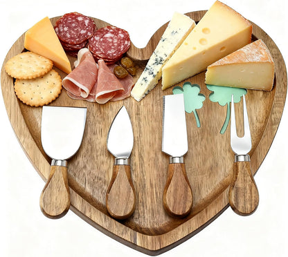 Heart Shaped Acacia Wood Cheese Board with 4 Piece Cheese Knife Set, St. Patrick's Day Green Clover Resin Inlay Appetizer Plates Charcuterie Serving Tray for Wine and Cheese Parties