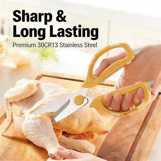 Kitchen Shears Scissors Food Scissors, 8-in-1 Multifunction Japanese Stainless Steel Meat Shears, Dishwasher Safe Sharp Shear All Purpose with Comfort Grip, Ideal for Everyday Use-Yellow