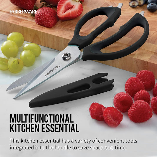 4-in-1 Kitchen Scissors with Black Handle, High-Carbon Stainless Steel Shears with Jar Opener, Bottle Opener and Screwdriver, Kitchen Shears for Food Prep
