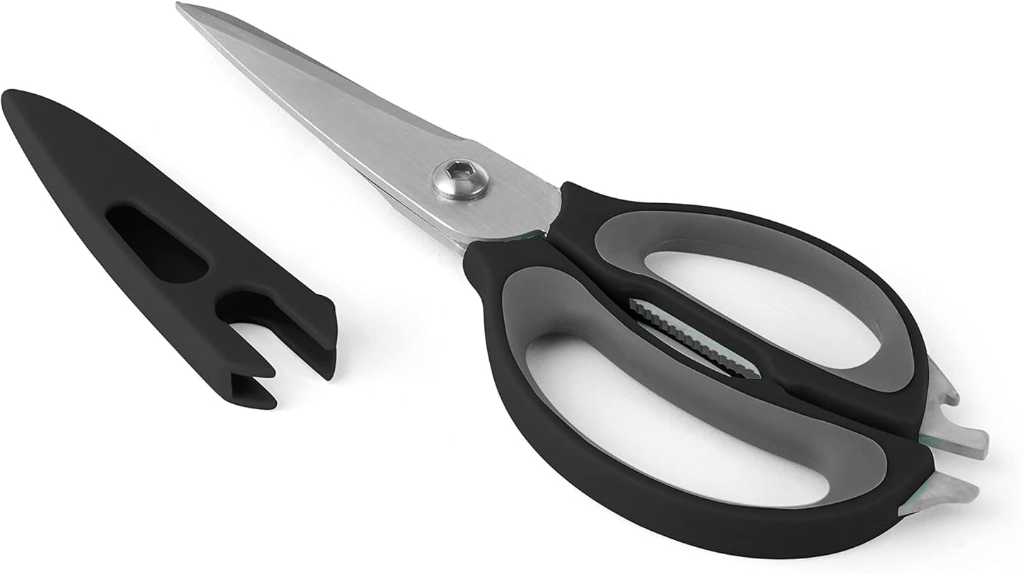 4-in-1 Kitchen Scissors with Black Handle, High-Carbon Stainless Steel Shears with Jar Opener, Bottle Opener and Screwdriver, Kitchen Shears for Food Prep