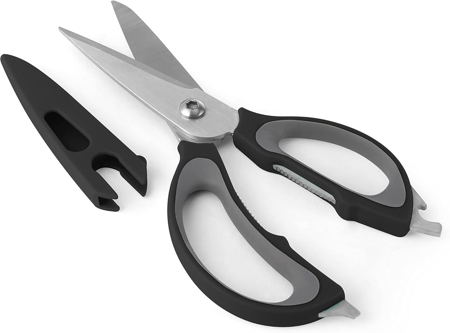 4-in-1 Kitchen Scissors with Black Handle, High-Carbon Stainless Steel Shears with Jar Opener, Bottle Opener and Screwdriver, Kitchen Shears for Food Prep