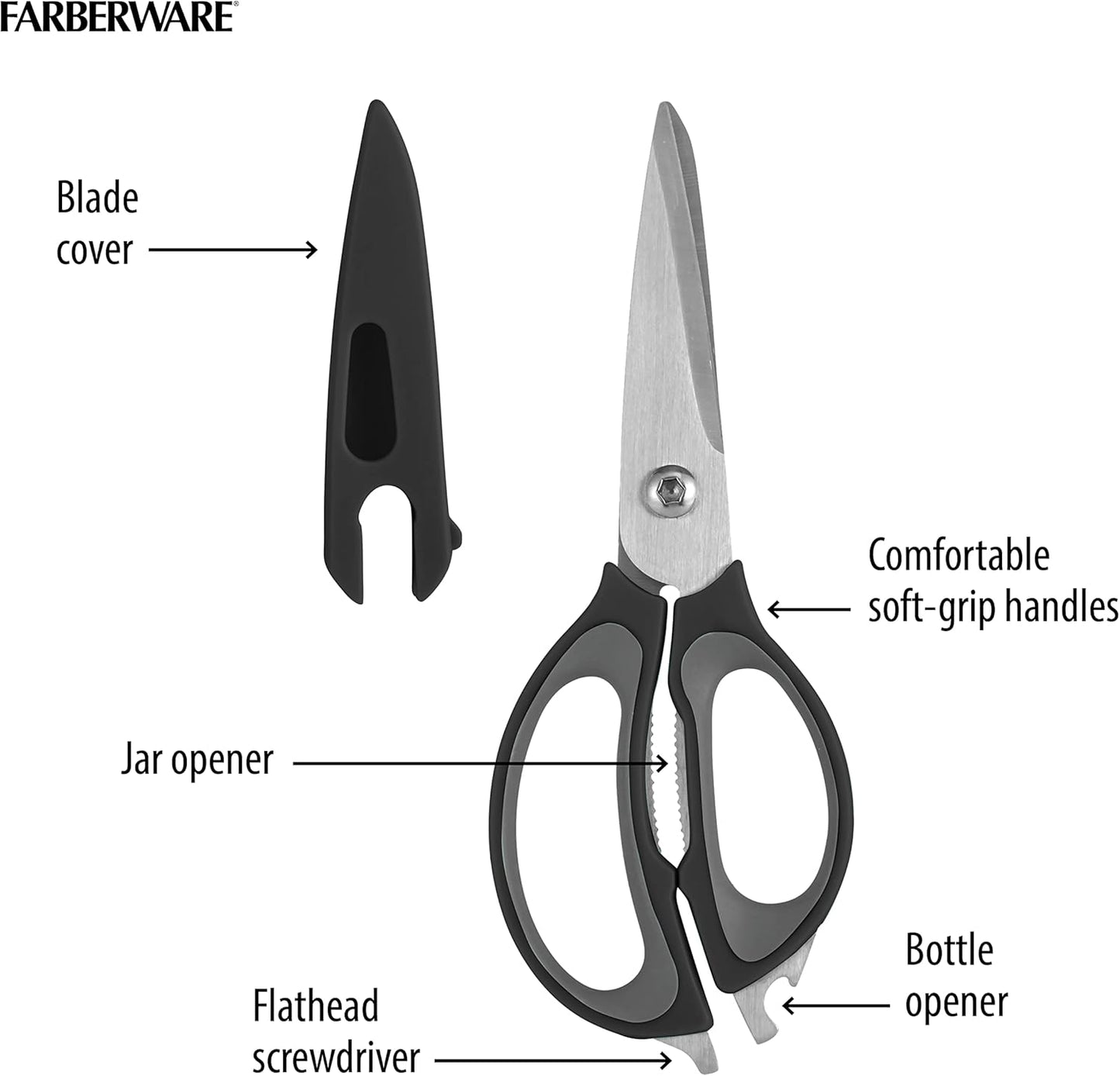 4-in-1 Kitchen Scissors with Black Handle, High-Carbon Stainless Steel Shears with Jar Opener, Bottle Opener and Screwdriver, Kitchen Shears for Food Prep