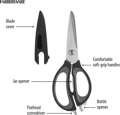 4-in-1 Kitchen Scissors with Black Handle, High-Carbon Stainless Steel Shears with Jar Opener, Bottle Opener and Screwdriver, Kitchen Shears for Food Prep