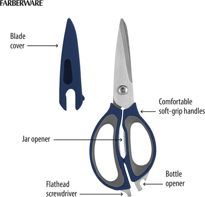 4-in-1 Kitchen Scissors with Black Handle, High-Carbon Stainless Steel Shears with Jar Opener, Bottle Opener and Screwdriver, Kitchen Shears for Food Prep