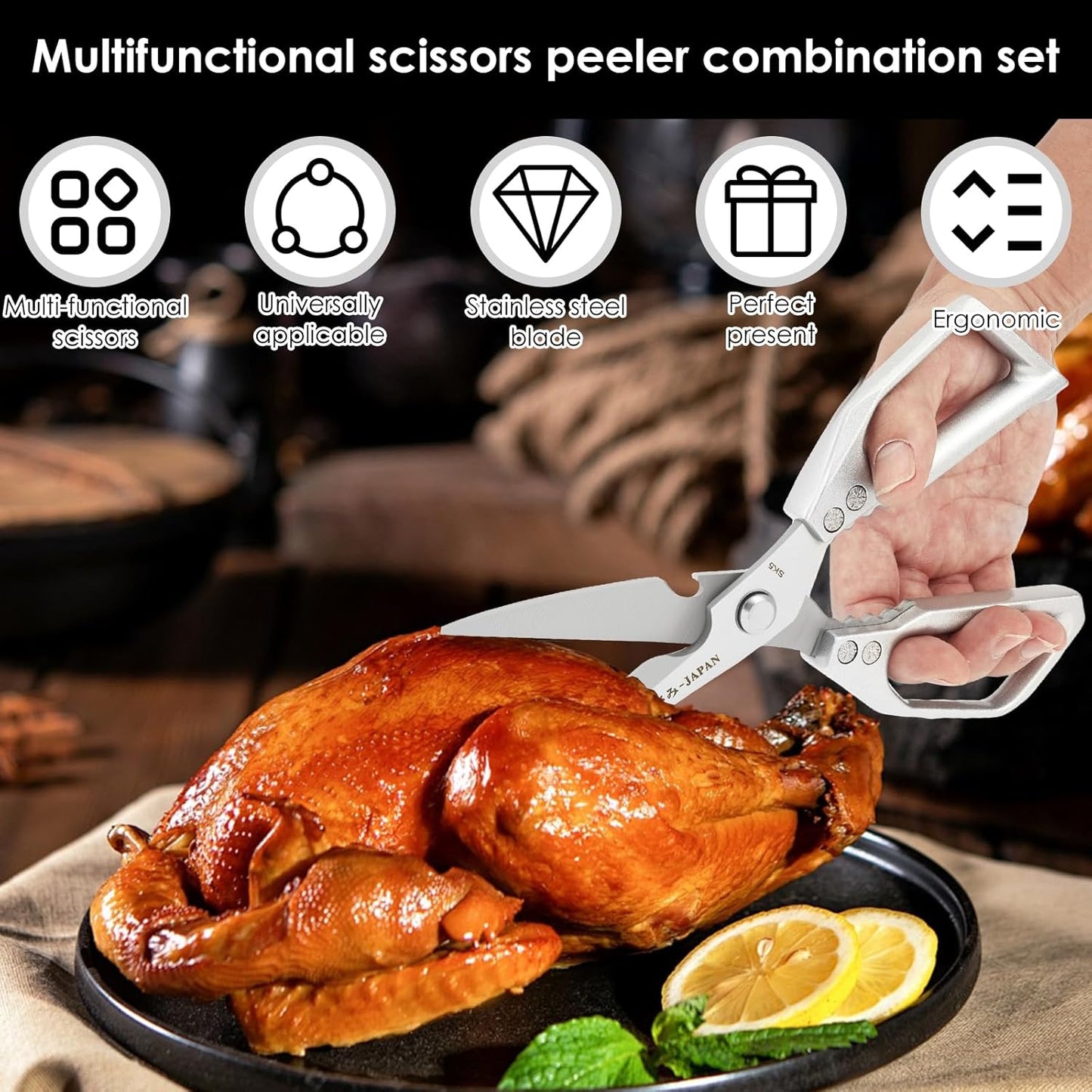 3Pcs Kitchen Shears and Vegetable Peeler Set, Heavy Duty Poultry Shears, Japanese Kitchen Scissors All Purpose, Food Cooking Scissors for Meat, Chicken Bones, Turkey, and Fish, Dishwasher Safe