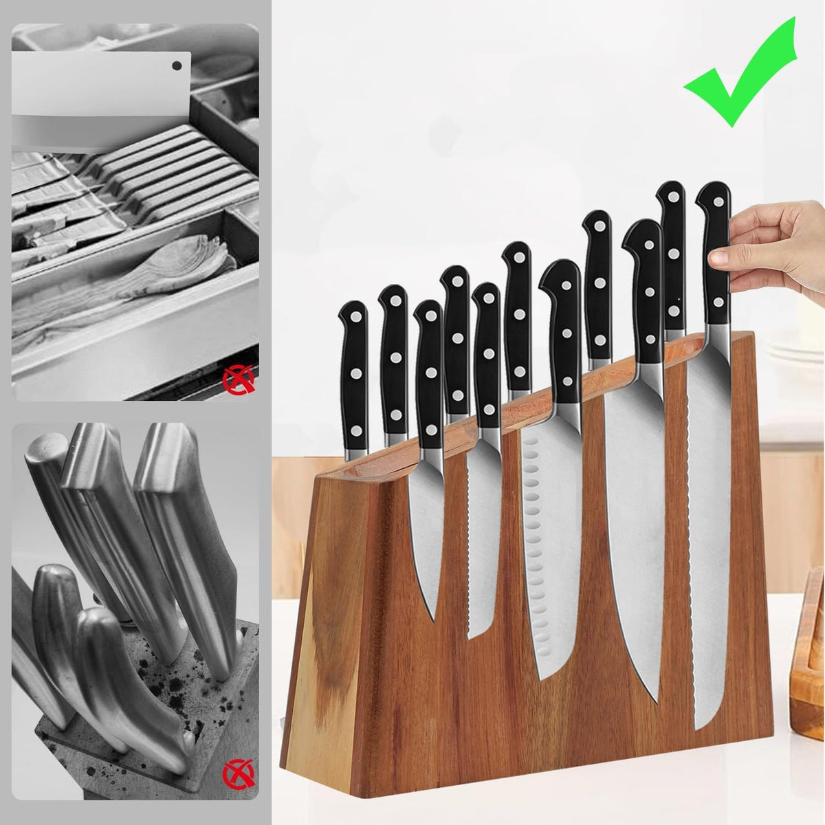 Magnetic Knife Block, Double Sided Magnetic Knife Holder Rack for Kitchen Counter, Acacia Wood Magnetic Knife Storage